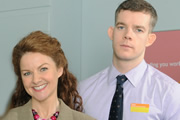 The Job Lot. Image shows from L to R: Trish (Sarah Hadland), Karl (Russell Tovey). Image credit: Big Talk Productions. The Job Lot. Image shows from L to R: Trish (Sarah Hadland), Karl (Russell Tovey). Image credit: Big Talk Productions.