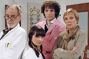 Lab Rats. Image shows from L to R: Professor John Mycroft (Geoff McGivern), Cara McIlvenny (Jo Enright), Dr Alex Beenyman (Chris Addison), Dean Mieke Miedema (Selina Cadell). Image credit: British Broadcasting Corporation. Lab Rats. Image shows from L to R: Professor John Mycroft (Geoff McGivern), Cara McIlvenny (Jo Enright), Dr Alex Beenyman (Chris Addison), Dean Mieke Miedema (Selina Cadell). Image credit: British Broadcasting Corporation.