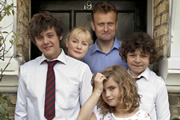 Outnumbered. Image shows from L to R: Jake (Tyger Drew-Honey), Sue (Claire Skinner), Pete (Hugh Dennis), Karen (Ramona Marquez), Ben (Daniel Roche). Image credit: Hat Trick Productions. Outnumbered. Image shows from L to R: Jake (Tyger Drew-Honey), Sue (Claire Skinner), Pete (Hugh Dennis), Karen (Ramona Marquez), Ben (Daniel Roche). Image credit: Hat Trick Productions.