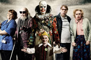Psychoville. Image shows from L to R: Joy Aston (Dawn French), Oscar Lomax (Steve Pemberton), Mr Jelly (Reece Shearsmith), Robert Greenspan (Jason Tompkins), David Sowerbutts (Steve Pemberton), Maureen Sowerbutts (Reece Shearsmith). Image credit: British Broadcasting Corporation. Psychoville. Image shows from L to R: Joy Aston (Dawn French), Oscar Lomax (Steve Pemberton), Mr Jelly (Reece Shearsmith), Robert Greenspan (Jason Tompkins), David Sowerbutts (Steve Pemberton), Maureen Sowerbutts (Reece Shearsmith). Image credit: British Broadcasting Corporation.