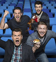 A League Of Their Own. Image shows from L to R: Jamie Redknapp, James Corden, Jack Whitehall, Andrew Flintoff MBE. Image credit: CPL Productions. A League Of Their Own. Image shows from L to R: Jamie Redknapp, James Corden, Jack Whitehall, Andrew Flintoff MBE. Image credit: CPL Productions.