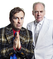 The Best Laid Plans. Image shows from L to R: Smallbone (Ardal O'Hanlon), God (Geoffrey McGivern). Image credit: Lucky Giant. The Best Laid Plans. Image shows from L to R: Smallbone (Ardal O'Hanlon), God (Geoffrey McGivern). Image credit: Lucky Giant.