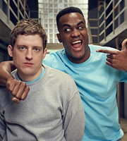 Crims. Image shows from L to R: Luke (Elis James), Jason (Kadiff Kirwan). Image credit: British Broadcasting Corporation. Crims. Image shows from L to R: Luke (Elis James), Jason (Kadiff Kirwan). Image credit: British Broadcasting Corporation.
