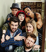 Fresh Meat. Image shows from L to R: Kingsley (Joe Thomas), Oregon (Charlotte Ritchie), Vod (Zawe Ashton), JP (Jack Whitehall), Josie (Kimberley Nixon), Howard (Greg McHugh). Image credit: Objective Productions. Fresh Meat. Image shows from L to R: Kingsley (Joe Thomas), Oregon (Charlotte Ritchie), Vod (Zawe Ashton), JP (Jack Whitehall), Josie (Kimberley Nixon), Howard (Greg McHugh). Image credit: Objective Productions.