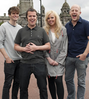 Impractical Jokers. Image shows from L to R: Joel Dommett, Paul McCaffrey, Roisin Conaty, Marek Larwood. Image credit: Yalli Productions. Impractical Jokers. Image shows from L to R: Joel Dommett, Paul McCaffrey, Roisin Conaty, Marek Larwood. Image credit: Yalli Productions.