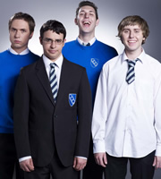 The Inbetweeners. Image shows from L to R: Simon Cooper (Joe Thomas), Will Mackenzie (Simon Bird), Neil Sutherland (Blake Harrison), Jay Cartwright (James Buckley). Image credit: Bwark Productions. The Inbetweeners. Image shows from L to R: Simon Cooper (Joe Thomas), Will Mackenzie (Simon Bird), Neil Sutherland (Blake Harrison), Jay Cartwright (James Buckley). Image credit: Bwark Productions.