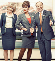 Trollied. Image shows from L to R: Julie (Jane Horrocks), Lorraine (Stephanie Beacham), Gavin (Jason Watkins). Image credit: Roughcut Television. Trollied. Image shows from L to R: Julie (Jane Horrocks), Lorraine (Stephanie Beacham), Gavin (Jason Watkins). Image credit: Roughcut Television.