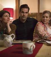 Catastrophe. Image shows from L to R: Sharon (Sharon Horgan), Rob (Rob Delaney), Mum (Carrie Fisher). Image credit: Avalon Television. Catastrophe. Image shows from L to R: Sharon (Sharon Horgan), Rob (Rob Delaney), Mum (Carrie Fisher). Image credit: Avalon Television.