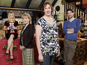 Miranda. Image shows from L to R: Stevie (Sarah Hadland), Penny (Patricia Hodge), Miranda (Miranda Hart), Gary (Tom Ellis). Image credit: British Broadcasting Corporation. Miranda. Image shows from L to R: Stevie (Sarah Hadland), Penny (Patricia Hodge), Miranda (Miranda Hart), Gary (Tom Ellis). Image credit: British Broadcasting Corporation.