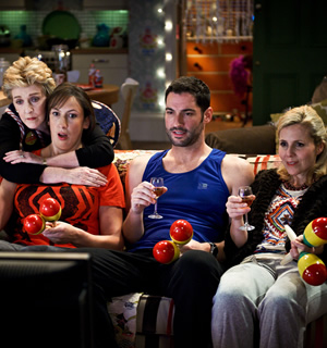 Miranda. Image shows from L to R: Penny (Patricia Hodge), Miranda (Miranda Hart), Gary (Tom Ellis), Tilly (Sally Phillips). Image credit: British Broadcasting Corporation. Miranda. Image shows from L to R: Penny (Patricia Hodge), Miranda (Miranda Hart), Gary (Tom Ellis), Tilly (Sally Phillips). Image credit: British Broadcasting Corporation.