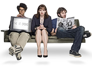 The IT Crowd. Image shows from L to R: Moss (Richard Ayoade), Jen (Katherine Parkinson), Roy (Chris O'Dowd). Image credit: TalkbackThames. The IT Crowd. Image shows from L to R: Moss (Richard Ayoade), Jen (Katherine Parkinson), Roy (Chris O'Dowd). Image credit: TalkbackThames.