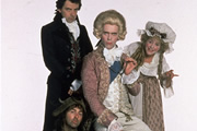 Blackadder. Image shows from L to R: Mr. Edmund Blackadder, Esquire (Rowan Atkinson), Baldrick (Tony Robinson), Prince Regent (Hugh Laurie), Mrs. Miggins (Helen Atkinson-Wood). Copyright: BBC / Tiger Aspect Productions. Blackadder. Image shows from L to R: Mr. Edmund Blackadder, Esquire (Rowan Atkinson), Baldrick (Tony Robinson), Prince Regent (Hugh Laurie), Mrs. Miggins (Helen Atkinson-Wood). Copyright: BBC / Tiger Aspect Productions.