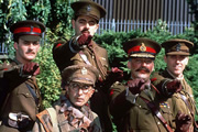 Blackadder. Image shows from L to R: Captain Kevin Darling (Tim McInnerny), Baldrick (Tony Robinson), Captain Edmund Blackadder (Rowan Atkinson), General Melchett (Stephen Fry), Lieutenant George Barleigh (Hugh Laurie). Copyright: BBC / Tiger Aspect Productions. Blackadder. Image shows from L to R: Captain Kevin Darling (Tim McInnerny), Baldrick (Tony Robinson), Captain Edmund Blackadder (Rowan Atkinson), General Melchett (Stephen Fry), Lieutenant George Barleigh (Hugh Laurie). Copyright: BBC / Tiger Aspect Productions.