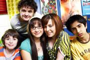 Dani's House. Image shows from L to R: Max (Sebastian Applewhite), Toby (Harry Culverhouse), Sam (Klariza Clayton), Dani (Dani Harmer), Ben (James Gandhi). Copyright: The Foundation / BBC. Dani's House. Image shows from L to R: Max (Sebastian Applewhite), Toby (Harry Culverhouse), Sam (Klariza Clayton), Dani (Dani Harmer), Ben (James Gandhi). Copyright: The Foundation / BBC.