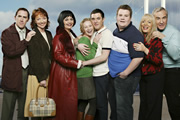 Gavin & Stacey. Image shows from L to R: Bryn (Rob Brydon), Gwen (Melanie Walters), Nessa (Ruth Jones), Stacey (Joanna Page), Gavin (Mathew Horne), Smithy (James Corden), Pam (Alison Steadman), Mick (Larry Lamb). Copyright: Baby Cow Productions. Gavin & Stacey. Image shows from L to R: Bryn (Rob Brydon), Gwen (Melanie Walters), Nessa (Ruth Jones), Stacey (Joanna Page), Gavin (Mathew Horne), Smithy (James Corden), Pam (Alison Steadman), Mick (Larry Lamb). Copyright: Baby Cow Productions.
