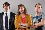 Peep Show. Image shows from L to R: Mark Corrigan (David Mitchell), Dobby (Isy Suttie), Jeremy Usbourne (Robert Webb). Copyright: Objective Productions. Peep Show. Image shows from L to R: Mark Corrigan (David Mitchell), Dobby (Isy Suttie), Jeremy Usbourne (Robert Webb). Copyright: Objective Productions.