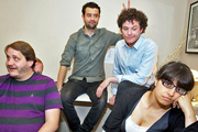 Seekers. Image shows from L to R: Terry (Tony Way), Joe (Daniel Mays), Stuart (Mathew Horne), Nicola (Zahra Ahmadi). Copyright: BBC. Seekers. Image shows from L to R: Terry (Tony Way), Joe (Daniel Mays), Stuart (Mathew Horne), Nicola (Zahra Ahmadi). Copyright: BBC.