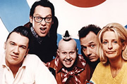 Shooting Stars. Image shows from L to R: Mark Lamarr, Vic Reeves, George Dawes (Matt Lucas), Bob Mortimer, Ulrika Jonsson. Copyright: Channel X / Pett Productions. Shooting Stars. Image shows from L to R: Mark Lamarr, Vic Reeves, George Dawes (Matt Lucas), Bob Mortimer, Ulrika Jonsson. Copyright: Channel X / Pett Productions.