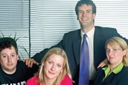 Think The Unthinkable. Image shows from L to R: Owen (David Mitchell), Daisy de Vere (Catherine Shepherd), Ryan Packer (Marcus Brigstocke), Sophie Stott (Emma Kennedy). Copyright: BBC. Think The Unthinkable. Image shows from L to R: Owen (David Mitchell), Daisy de Vere (Catherine Shepherd), Ryan Packer (Marcus Brigstocke), Sophie Stott (Emma Kennedy). Copyright: BBC.