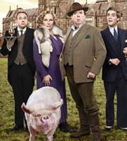 Blandings. Image shows from L to R: Beach (Tim Vine), Connie (Jennifer Saunders), Clarence (Timothy Spall), Freddie (Jack Farthing). Copyright: Mammoth Screen. Blandings. Image shows from L to R: Beach (Tim Vine), Connie (Jennifer Saunders), Clarence (Timothy Spall), Freddie (Jack Farthing). Copyright: Mammoth Screen.