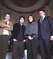 School Of Comedy. Image shows from L to R: Will Poulter, Jack Harries, Evie Henderson, Max Brown. Copyright: Left Bank Pictures. School Of Comedy. Image shows from L to R: Will Poulter, Jack Harries, Evie Henderson, Max Brown. Copyright: Left Bank Pictures.
