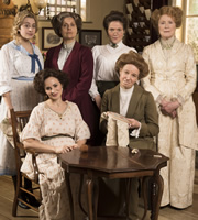 Up The Women. Image shows from L to R: Emily (Georgia Groome), Eva (Emma Pierson), Helen (Rebecca Front), Margaret (Jessica Hynes), Gwen (Vicki Pepperdine), Myrtle (Judy Parfitt). Copyright: BBC / Baby Cow Productions. Up The Women. Image shows from L to R: Emily (Georgia Groome), Eva (Emma Pierson), Helen (Rebecca Front), Margaret (Jessica Hynes), Gwen (Vicki Pepperdine), Myrtle (Judy Parfitt). Copyright: BBC / Baby Cow Productions.