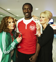 Absolutely Fabulous. Image shows from L to R: Edina (Jennifer Saunders), Linford Christie, Patsy (Joanna Lumley). Copyright: Saunders And French Productions / BBC. Absolutely Fabulous. Image shows from L to R: Edina (Jennifer Saunders), Linford Christie, Patsy (Joanna Lumley). Copyright: Saunders And French Productions / BBC.