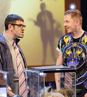 The Angelos Epithemiou Show. Image shows from L to R: Angelos Epithemiou (Dan Skinner), Professor Green. Copyright: Pett Productions. The Angelos Epithemiou Show. Image shows from L to R: Angelos Epithemiou (Dan Skinner), Professor Green. Copyright: Pett Productions.