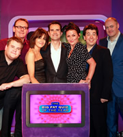 The Big Fat Quiz Of The Year. Image shows from L to R: James Corden, Sean Lock, Claudia Winkleman, Jimmy Carr, Davina McCall, Michael McIntyre, Dara O Briain. Copyright: Hot Sauce / Channel 4 Television Corporation. The Big Fat Quiz Of The Year. Image shows from L to R: James Corden, Sean Lock, Claudia Winkleman, Jimmy Carr, Davina McCall, Michael McIntyre, Dara O Briain. Copyright: Hot Sauce / Channel 4 Television Corporation.