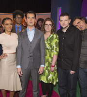 The Big Fat Quiz Of The Year. Image shows from L to R: Melanie Brown, Richard Ayoade, Jimmy Carr, Sarah Millican, Kevin Bridges, Micky Flanagan. Copyright: Hot Sauce / Channel 4 Television Corporation. The Big Fat Quiz Of The Year. Image shows from L to R: Melanie Brown, Richard Ayoade, Jimmy Carr, Sarah Millican, Kevin Bridges, Micky Flanagan. Copyright: Hot Sauce / Channel 4 Television Corporation.