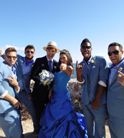 Blue Go Mad In Ibiza. Image shows from L to R: Lee Ryan, Duncan James, Groom Neil (Ed Gamble), Bride Francesca (Georgia Brown), Simon Webbe, Antony Costa. Copyright: Potato. Blue Go Mad In Ibiza. Image shows from L to R: Lee Ryan, Duncan James, Groom Neil (Ed Gamble), Bride Francesca (Georgia Brown), Simon Webbe, Antony Costa. Copyright: Potato.