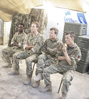 Bluestone 42. Image shows from L to R: Millsy (Gary Carr), Nick (Oliver Chris), Simon (Stephen Wight), Rocket (Scott Hoatson). Copyright: BBC. Bluestone 42. Image shows from L to R: Millsy (Gary Carr), Nick (Oliver Chris), Simon (Stephen Wight), Rocket (Scott Hoatson). Copyright: BBC.