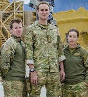 Bluestone 42. Image shows from L to R: Simon (Stephen Wight), Nick (Oliver Chris), Bird (Katie Lyons). Copyright: BBC. Bluestone 42. Image shows from L to R: Simon (Stephen Wight), Nick (Oliver Chris), Bird (Katie Lyons). Copyright: BBC.