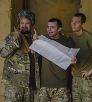Bluestone 42. Image shows from L to R: Faruq (Keeno Lee Hector), Mac (Jamie Quinn), Rocket (Scott Hoatson). Copyright: BBC. Bluestone 42. Image shows from L to R: Faruq (Keeno Lee Hector), Mac (Jamie Quinn), Rocket (Scott Hoatson). Copyright: BBC.