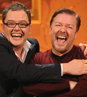 Alan Carr: Chatty Man. Image shows from L to R: Alan Carr, Ricky Gervais. Copyright: Open Mike Productions. Alan Carr: Chatty Man. Image shows from L to R: Alan Carr, Ricky Gervais. Copyright: Open Mike Productions.
