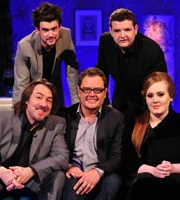 Alan Carr: Chatty Man. Image shows from L to R: Jonathan Ross, Jack Whitehall, Alan Carr, Kevin Bridges, Adele Adkins. Copyright: Open Mike Productions. Alan Carr: Chatty Man. Image shows from L to R: Jonathan Ross, Jack Whitehall, Alan Carr, Kevin Bridges, Adele Adkins. Copyright: Open Mike Productions.
