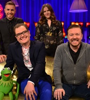 Alan Carr: Chatty Man. Image shows from L to R: Gary Barlow, Alan Carr, Jessica Hynes, Ricky Gervais. Copyright: Open Mike Productions. Alan Carr: Chatty Man. Image shows from L to R: Gary Barlow, Alan Carr, Jessica Hynes, Ricky Gervais. Copyright: Open Mike Productions.