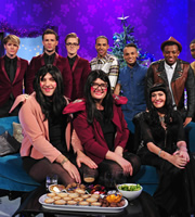 Alan Carr: Chatty Man. Image shows from L to R: Dougie Poynter, David Walliams, Harry Judd, Tom Fletcher, Alan Carr, Marvin Humes, Aston Merrygold, Hilary Devey, Oritsé Williams, Jonathan Gill. Copyright: Open Mike Productions. Alan Carr: Chatty Man. Image shows from L to R: Dougie Poynter, David Walliams, Harry Judd, Tom Fletcher, Alan Carr, Marvin Humes, Aston Merrygold, Hilary Devey, Oritsé Williams, Jonathan Gill. Copyright: Open Mike Productions.