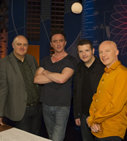 Dara O Briain: School Of Hard Sums. Image shows from L to R: Dara O Briain, Peter Serafinowicz, Kevin Bridges, Marcus du Sautoy. Copyright: Fujisankei Productions / Wild Rover. Dara O Briain: School Of Hard Sums. Image shows from L to R: Dara O Briain, Peter Serafinowicz, Kevin Bridges, Marcus du Sautoy. Copyright: Fujisankei Productions / Wild Rover.