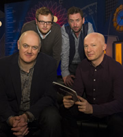 Dara O Briain: School Of Hard Sums. Image shows from L to R: Dara O Briain, Miles Jupp, Lee Mack, Marcus du Sautoy. Copyright: Fujisankei Productions / Wild Rover. Dara O Briain: School Of Hard Sums. Image shows from L to R: Dara O Briain, Miles Jupp, Lee Mack, Marcus du Sautoy. Copyright: Fujisankei Productions / Wild Rover.