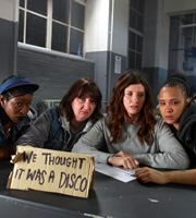 Dead Boss. Image shows from L to R: Yvonne (Claire Prempeh), Slasher (Ashley McGuire), Helen Stephens (Sharon Horgan), Lennie (Golda Rosheuvel). Copyright: BBC. Dead Boss. Image shows from L to R: Yvonne (Claire Prempeh), Slasher (Ashley McGuire), Helen Stephens (Sharon Horgan), Lennie (Golda Rosheuvel). Copyright: BBC.