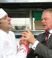 Doc Martin. Image shows from L to R: Junior Chef (Mathew Baynton), Dr Martin Ellingham (Martin Clunes). Copyright: Buffalo Pictures / Homerun Productions. Doc Martin. Image shows from L to R: Junior Chef (Mathew Baynton), Dr Martin Ellingham (Martin Clunes). Copyright: Buffalo Pictures / Homerun Productions.