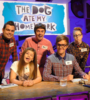 The Dog Ate My Homework. Image shows from L to R: Charlie Baker, Paul McCaffrey, Iain Stirling, Katie Mulgrew. Copyright: BBC. The Dog Ate My Homework. Image shows from L to R: Charlie Baker, Paul McCaffrey, Iain Stirling, Katie Mulgrew. Copyright: BBC.