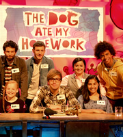 The Dog Ate My Homework. Image shows from L to R: Dan Antopolski, Chris Martin, Iain Stirling, Susan Calman, Radzi Chinyanganya. Copyright: BBC. The Dog Ate My Homework. Image shows from L to R: Dan Antopolski, Chris Martin, Iain Stirling, Susan Calman, Radzi Chinyanganya. Copyright: BBC.