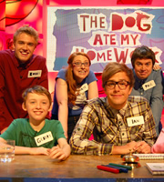 The Dog Ate My Homework. Image shows from L to R: Bobby Lockwood, Katie Mulgrew, Iain Stirling, Paul McCaffrey. Copyright: BBC. The Dog Ate My Homework. Image shows from L to R: Bobby Lockwood, Katie Mulgrew, Iain Stirling, Paul McCaffrey. Copyright: BBC.