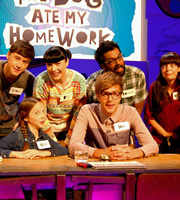 The Dog Ate My Homework. Image shows from L to R: Shane O'Meara, Bec Hill, Iain Stirling, Romesh Ranganathan, Kirstie Steele. Copyright: BBC. The Dog Ate My Homework. Image shows from L to R: Shane O'Meara, Bec Hill, Iain Stirling, Romesh Ranganathan, Kirstie Steele. Copyright: BBC.
