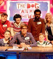 The Dog Ate My Homework. Image shows from L to R: Joel Dommett, Bec Hill, Iain Stirling, Romesh Ranganathan, Victoria Cook. Copyright: BBC. The Dog Ate My Homework. Image shows from L to R: Joel Dommett, Bec Hill, Iain Stirling, Romesh Ranganathan, Victoria Cook. Copyright: BBC.