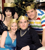 Gavin & Stacey. Image shows from L to R: Nessa (Ruth Jones), Stacey (Joanna Page), Gavin (Mathew Horne), Smithy (James Corden). Copyright: Baby Cow Productions. Gavin & Stacey. Image shows from L to R: Nessa (Ruth Jones), Stacey (Joanna Page), Gavin (Mathew Horne), Smithy (James Corden). Copyright: Baby Cow Productions.