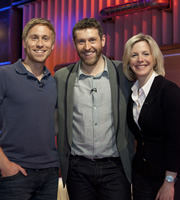 Genius With Dave Gorman. Image shows from L to R: Russell Howard, Dave Gorman, Hazel Irvine. Copyright: BBC. Genius With Dave Gorman. Image shows from L to R: Russell Howard, Dave Gorman, Hazel Irvine. Copyright: BBC.