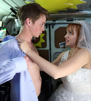 Give Out Girls. Image shows from L to R: Luke (Sam Strike), Marilyn (Kerry Howard). Copyright: Big Talk Productions / Popper Pictures. Give Out Girls. Image shows from L to R: Luke (Sam Strike), Marilyn (Kerry Howard). Copyright: Big Talk Productions / Popper Pictures.